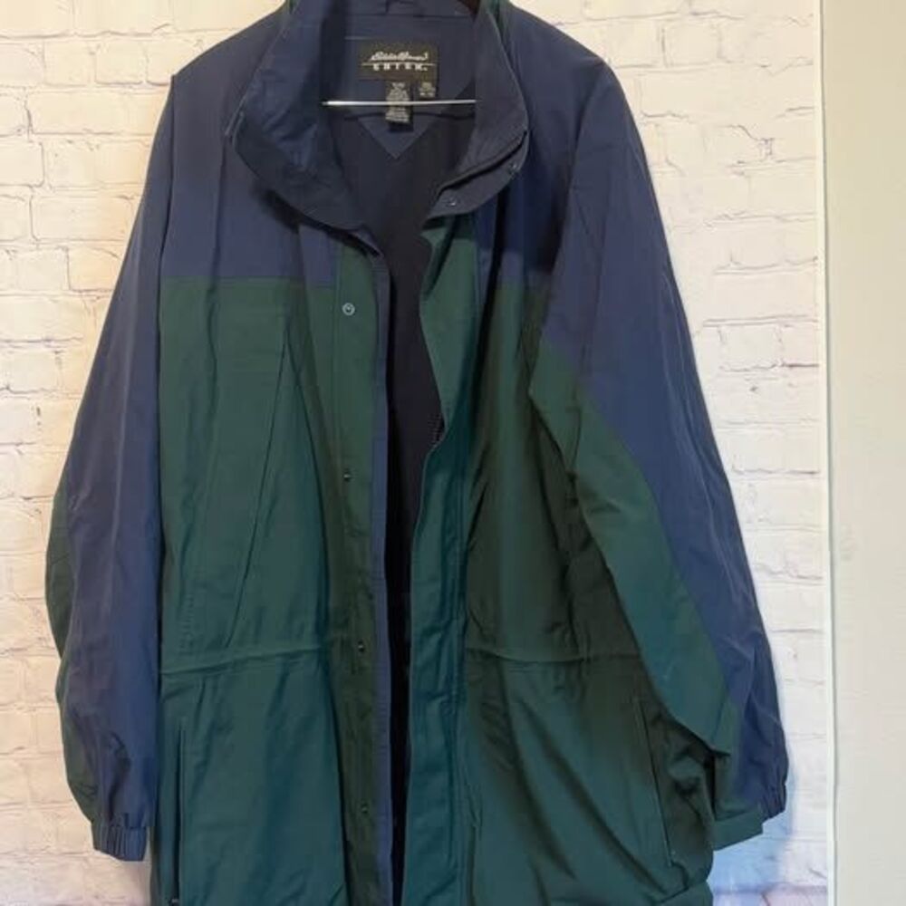 Eddie Bauer Mens XL Puffer Down Goretex Jacket Navy Blue Hooded Full Zip Quilted